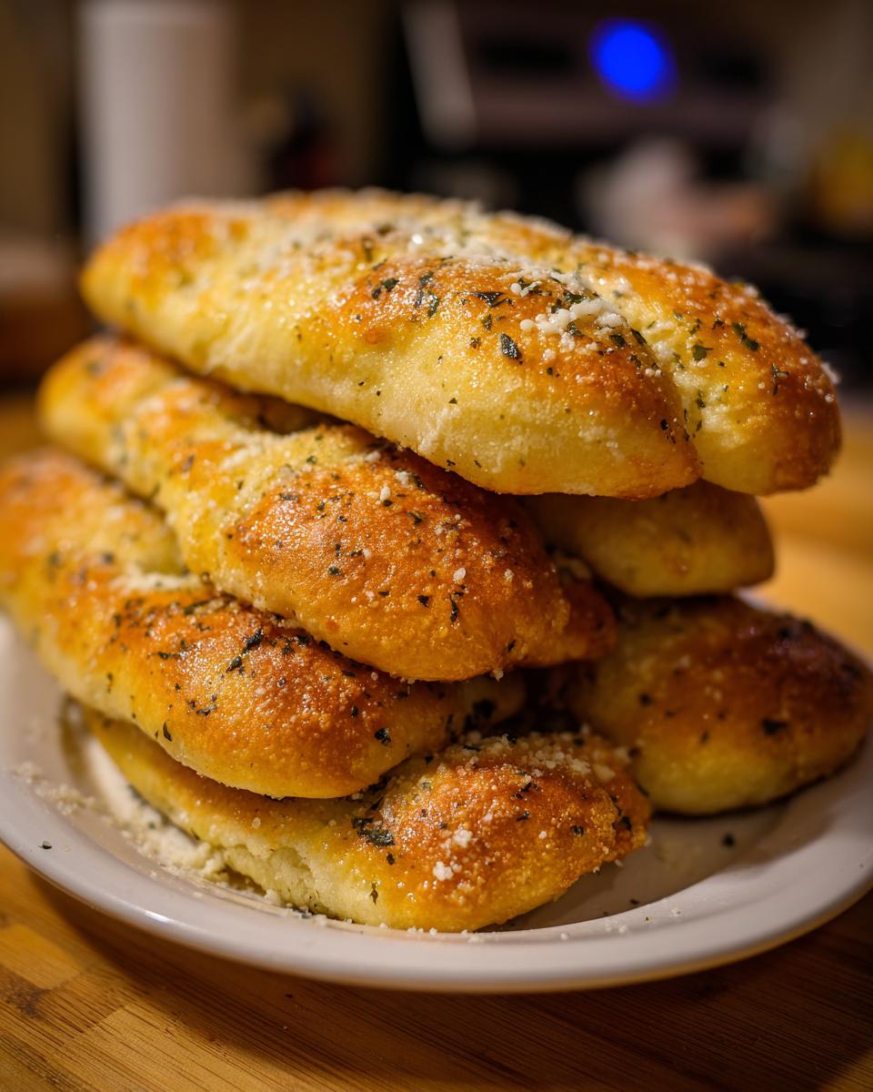 A close-up stack of golden brown garlic breadsticks topped generously with grated Parmesan cheese and herbs.