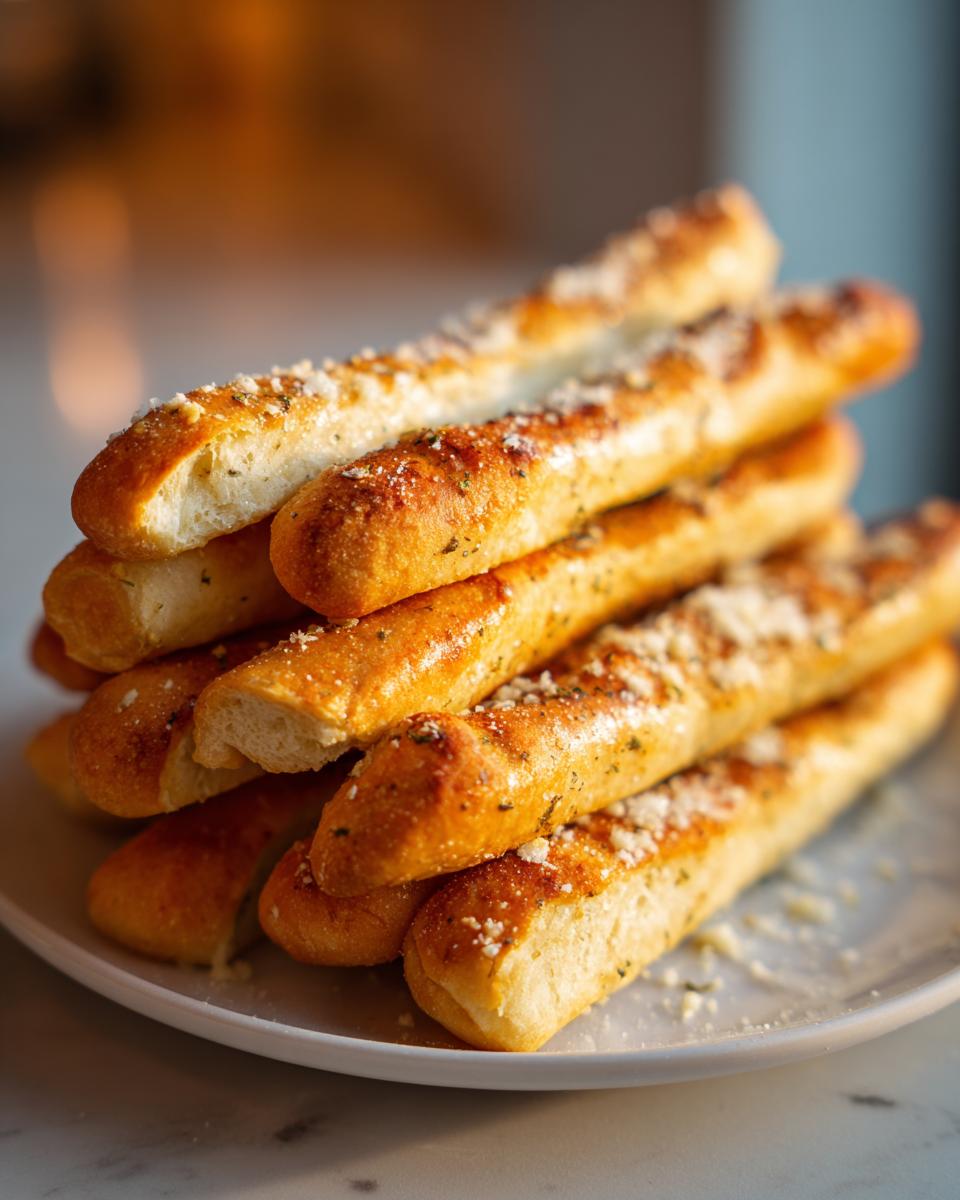 A close-up stack of golden brown, soft garlic breadsticks sprinkled generously with Parmesan cheese and herbs.