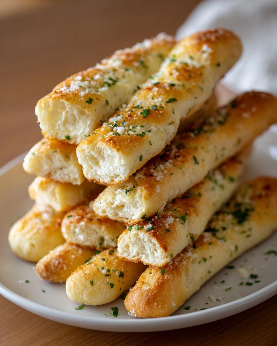 A tall stack of soft, golden garlic breadsticks topped with grated Parmesan cheese and fresh parsley.