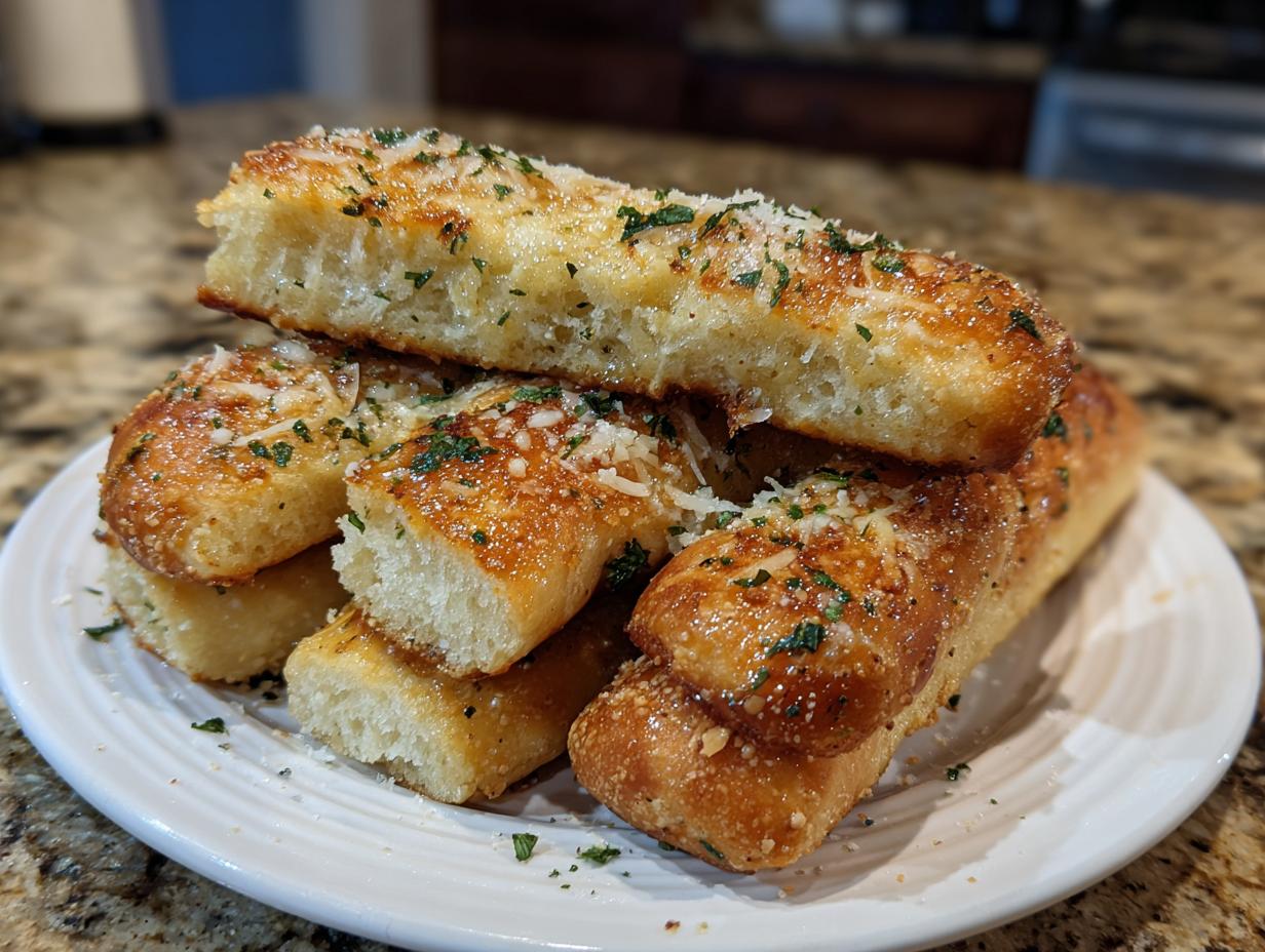 A stack of golden brown, buttery garlic breadsticks topped with grated Parmesan cheese and parsley.