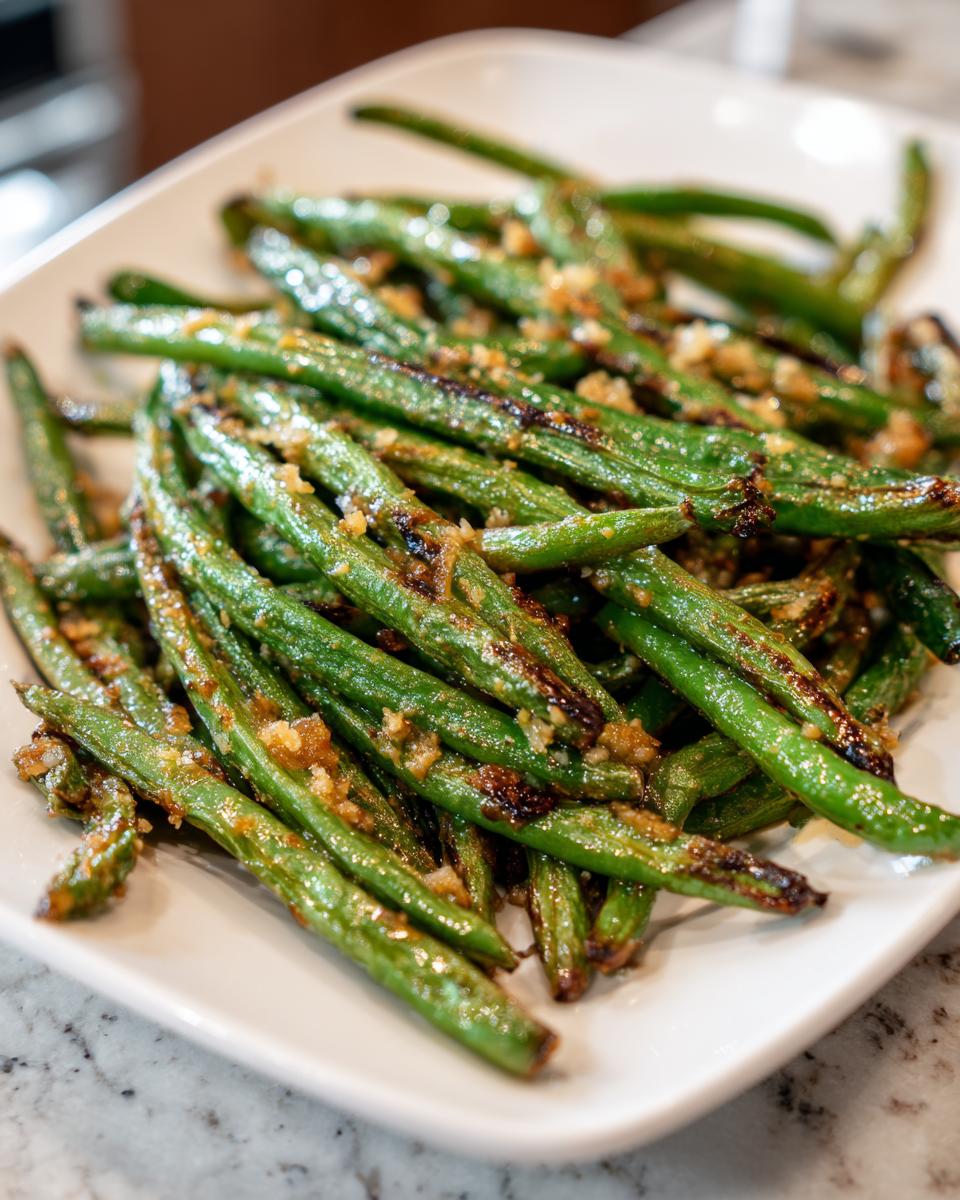 Close-up of roasted green beans tossed with minced garlic, served on a white platter.