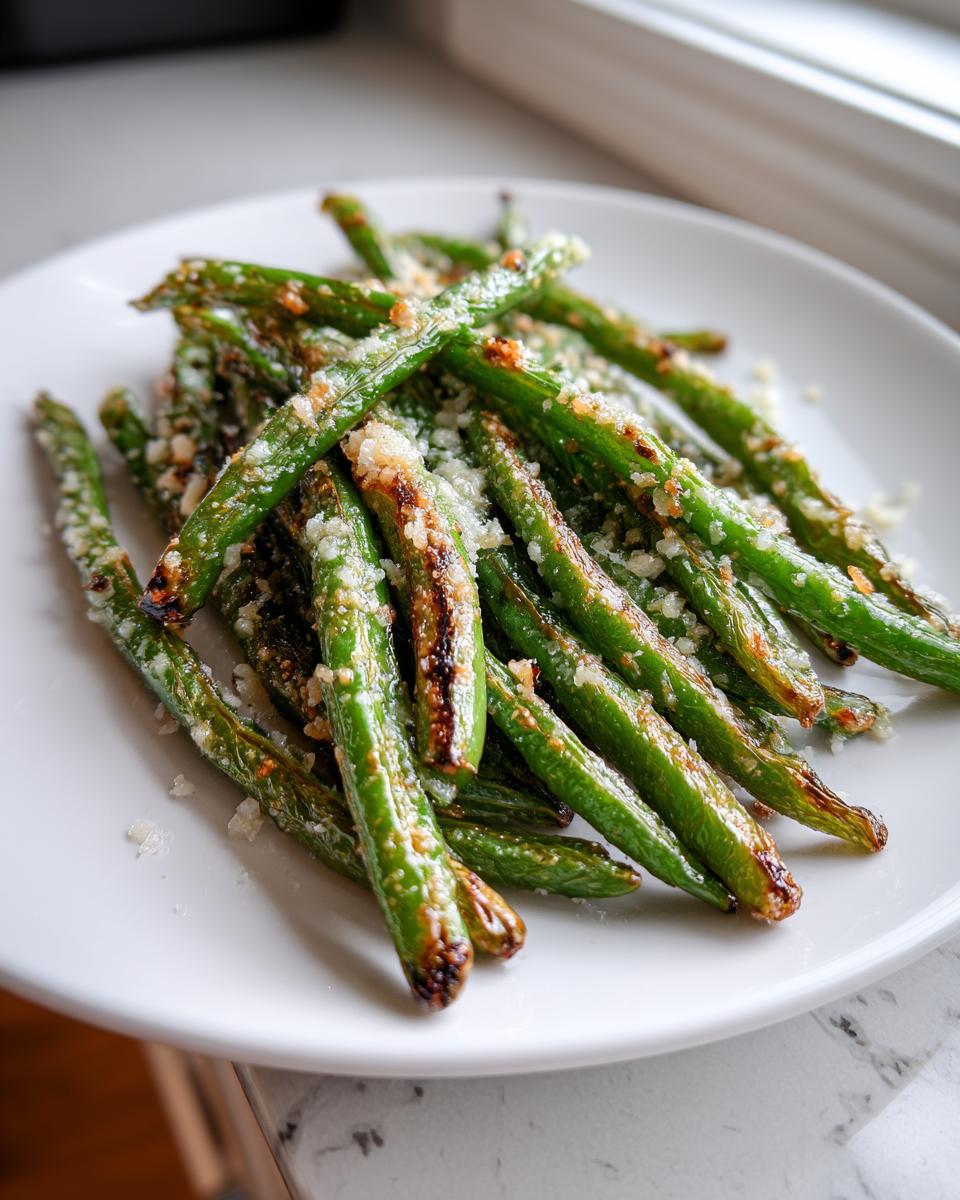 A close-up of roasted green beans topped with grated Parmesan cheese, ready to eat.