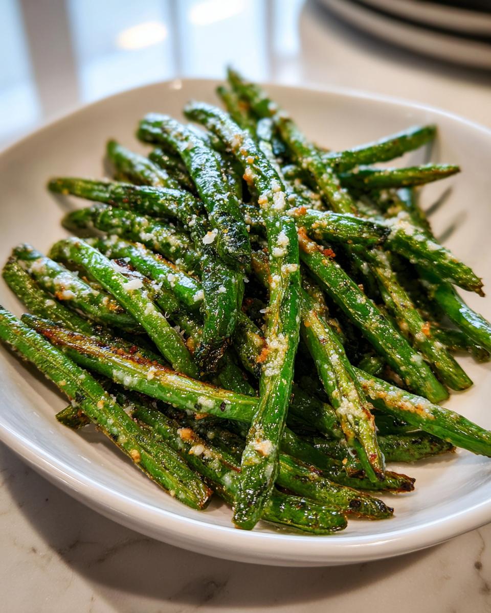 Close-up of perfectly roasted green beans topped with grated Parmesan cheese, ready to serve.