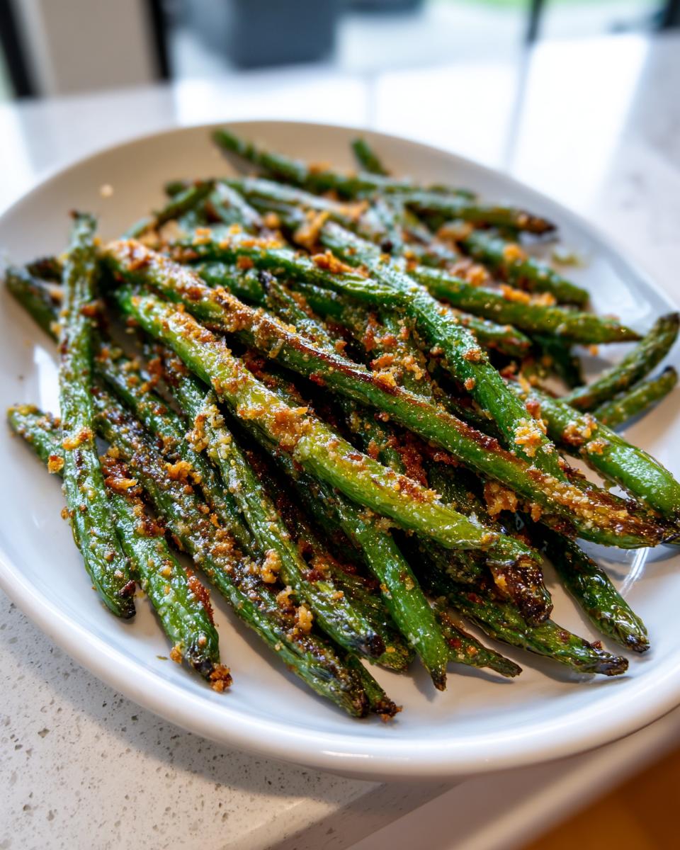 A white platter piled high with roasted green beans seasoned with crispy breadcrumbs.