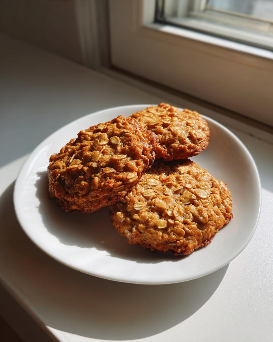 Three golden brown oatmeal cookie treats stacked slightly on a small white plate next to a window.