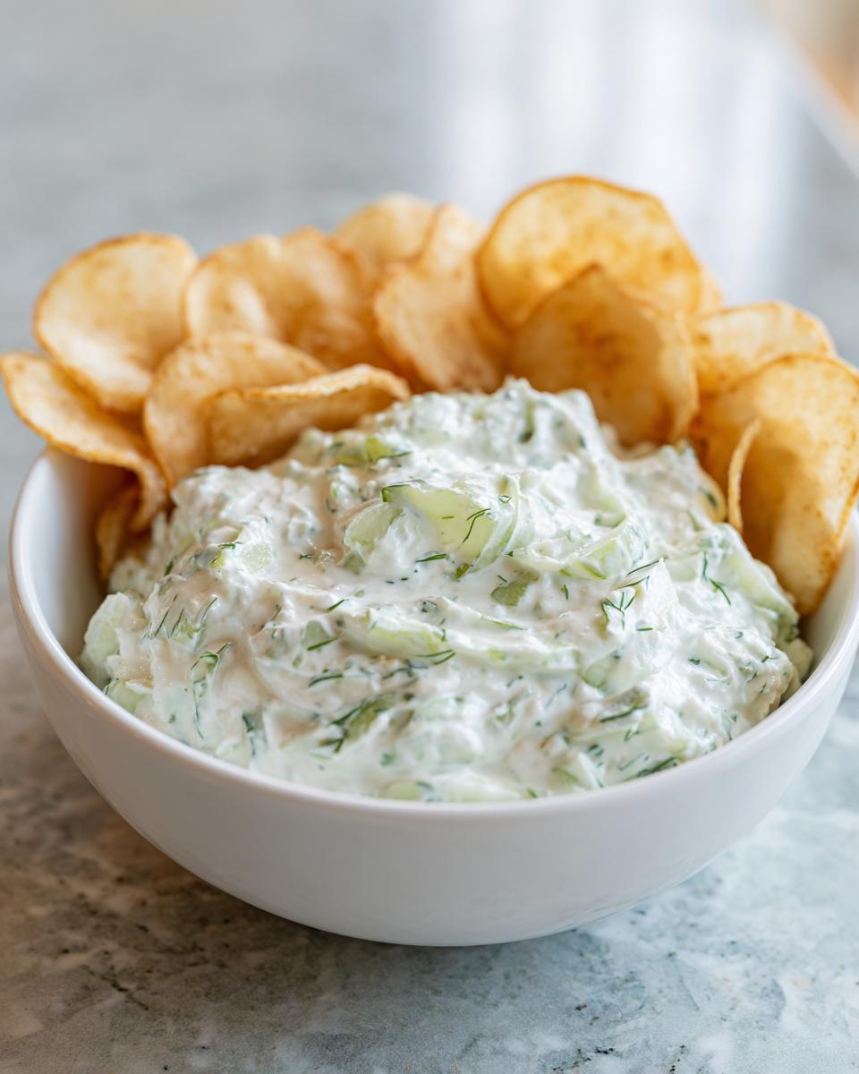 A white bowl filled with creamy, herby pickle dip, garnished with cucumber pieces and served with potato chips.