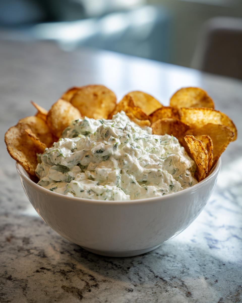 A white bowl filled with creamy pickle dip surrounded by crispy potato chips.