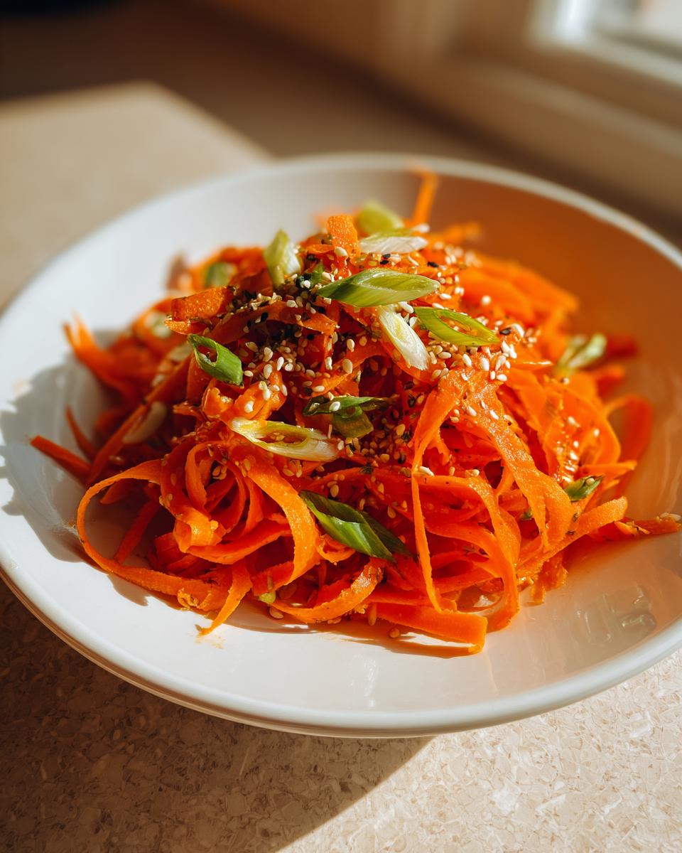 A bowl of bright orange raw carrot salad, julienned and topped with sesame seeds and green onions.