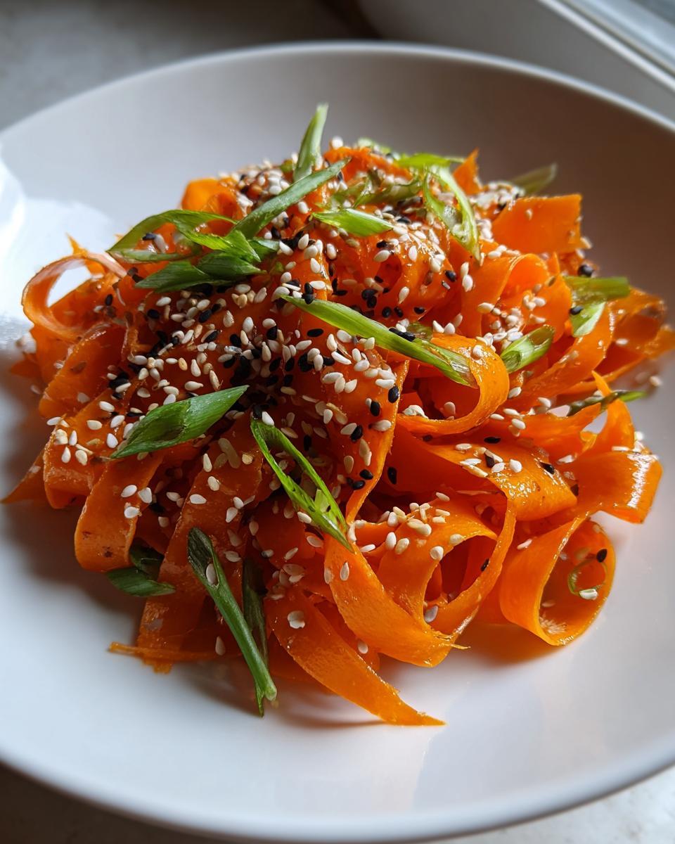 Close-up of a vibrant raw carrot salad made with shaved carrot ribbons, topped with sesame seeds and green onions.