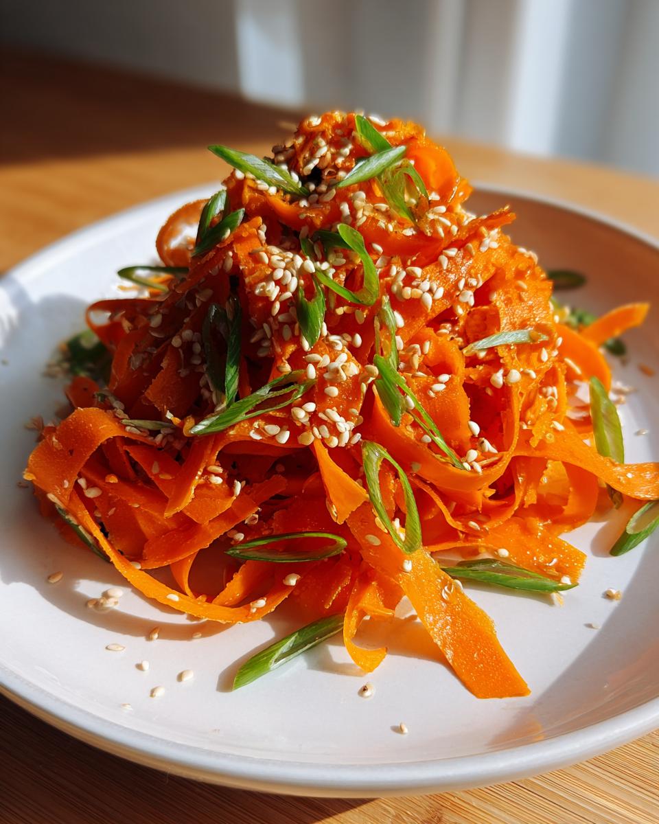 A mound of bright orange raw carrot salad ribbons topped with toasted sesame seeds and sliced green onions.