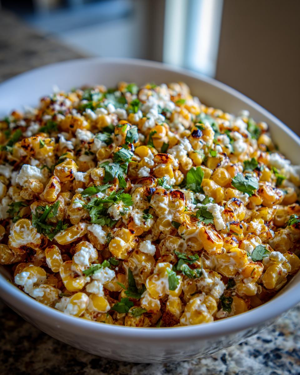 A close-up view of a white bowl filled with vibrant street corn salad featuring charred corn kernels, cotija cheese, and fresh cilantro.