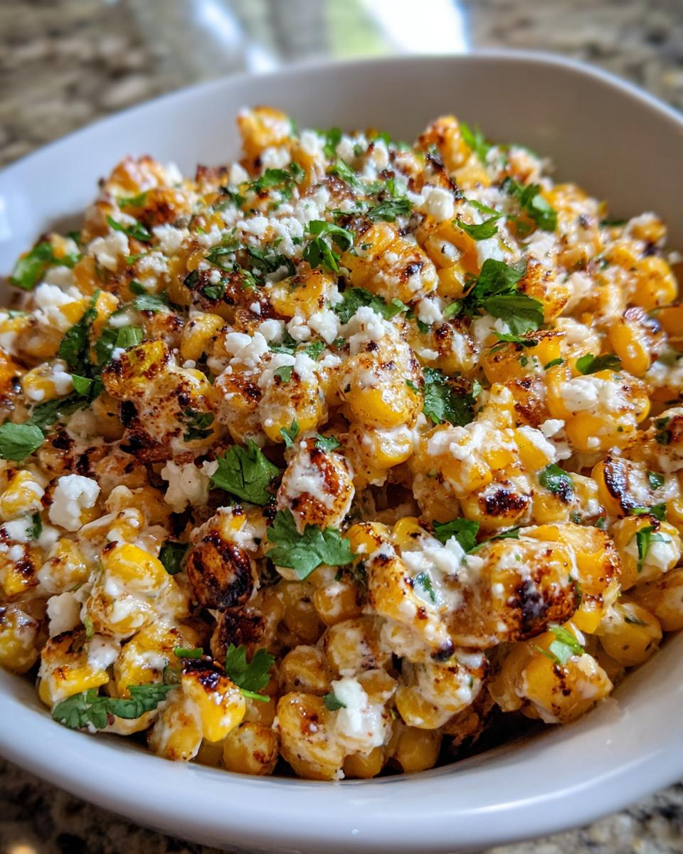 Close-up of a white bowl filled with charred corn kernels tossed in a creamy sauce, topped with cotija cheese and cilantro for street corn salad.