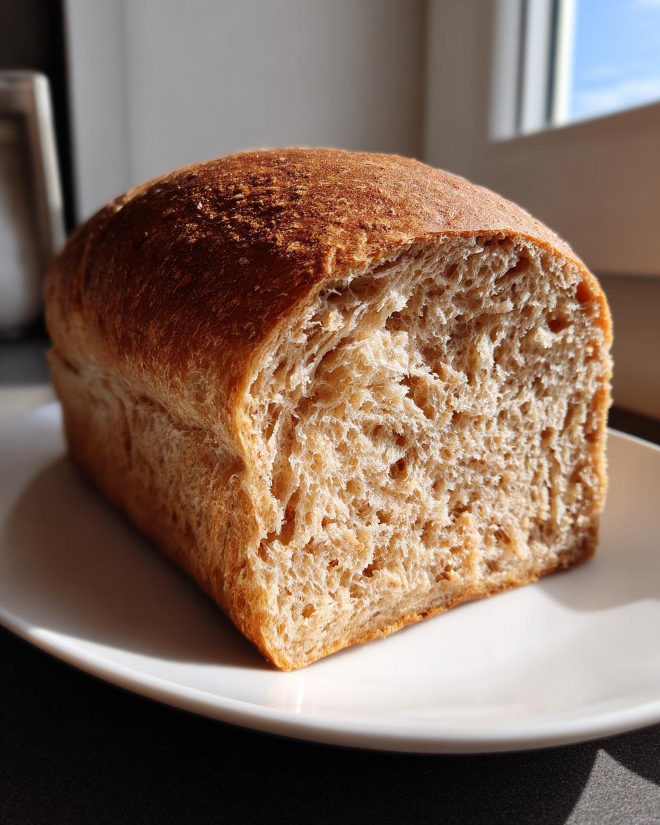 A close-up of a freshly baked loaf of whole wheat bread, showing the golden-brown crust and soft interior crumb.