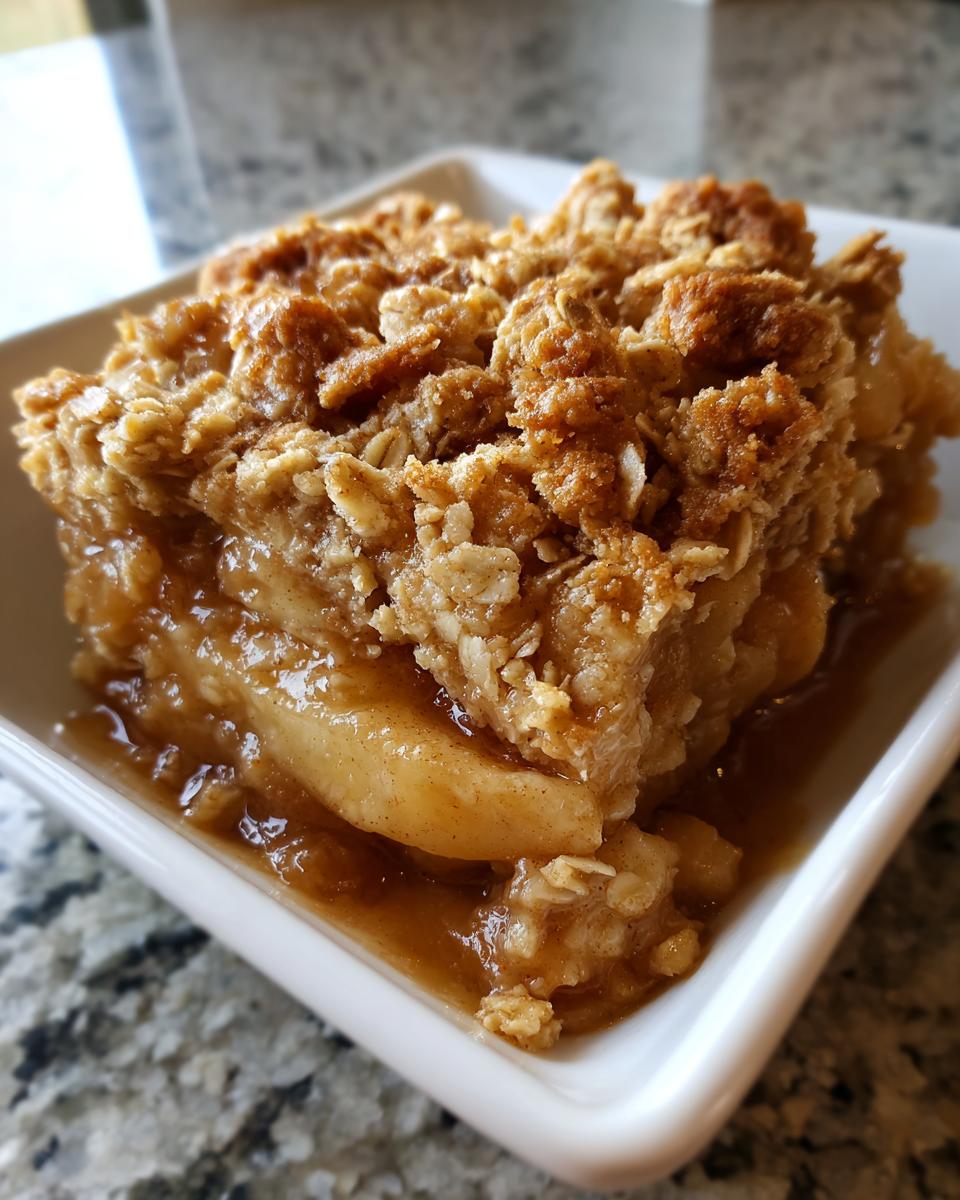 Close-up of a warm, gooey slice of apple crisp recipe served in a small white dish.