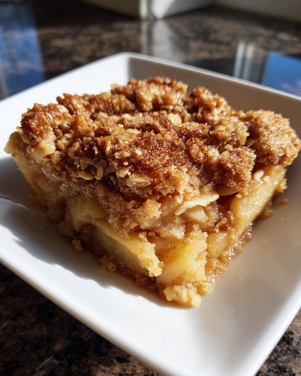 Close-up of a square serving of apple crisp recipe showing baked cinnamon apples and a crunchy oat topping.