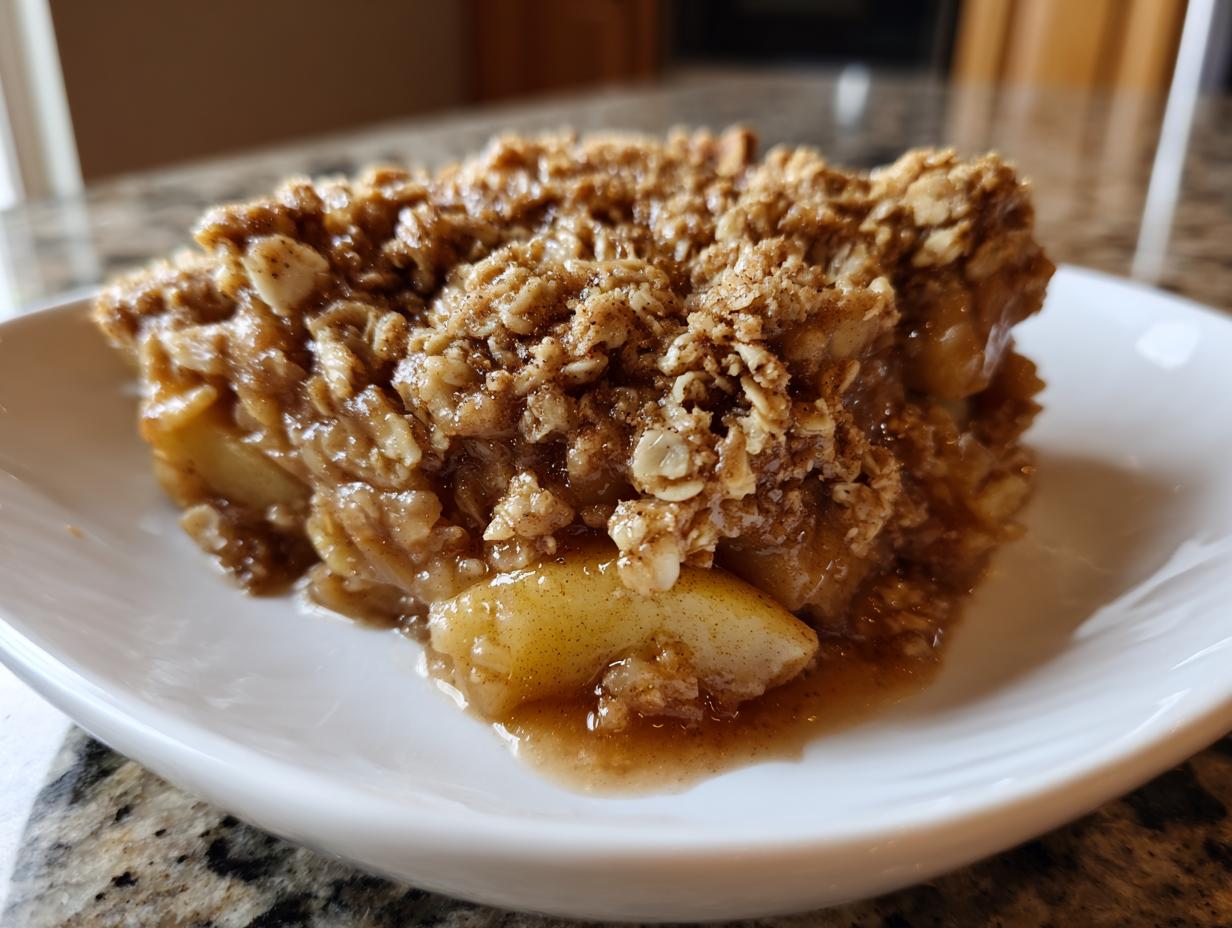 Close-up of a warm, gooey slice of apple crisp recipe with a thick, crumbly oat topping.