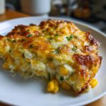 A close-up of a generous serving of baked corn dip, featuring creamy texture, whole corn kernels, and a bubbly, golden-brown cheese topping.