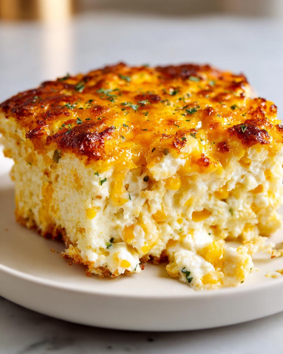 Close-up of a square slice of baked corn dip, showing creamy interior with corn kernels and a golden, bubbly cheese topping.