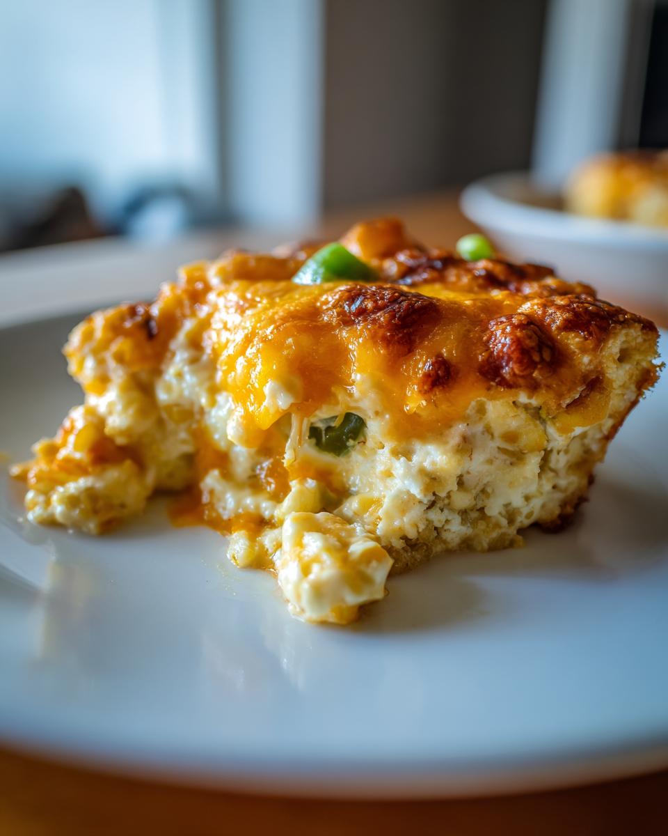 Close-up of a warm, baked corn dip slice topped with bubbly, melted cheddar cheese and a green pepper garnish.