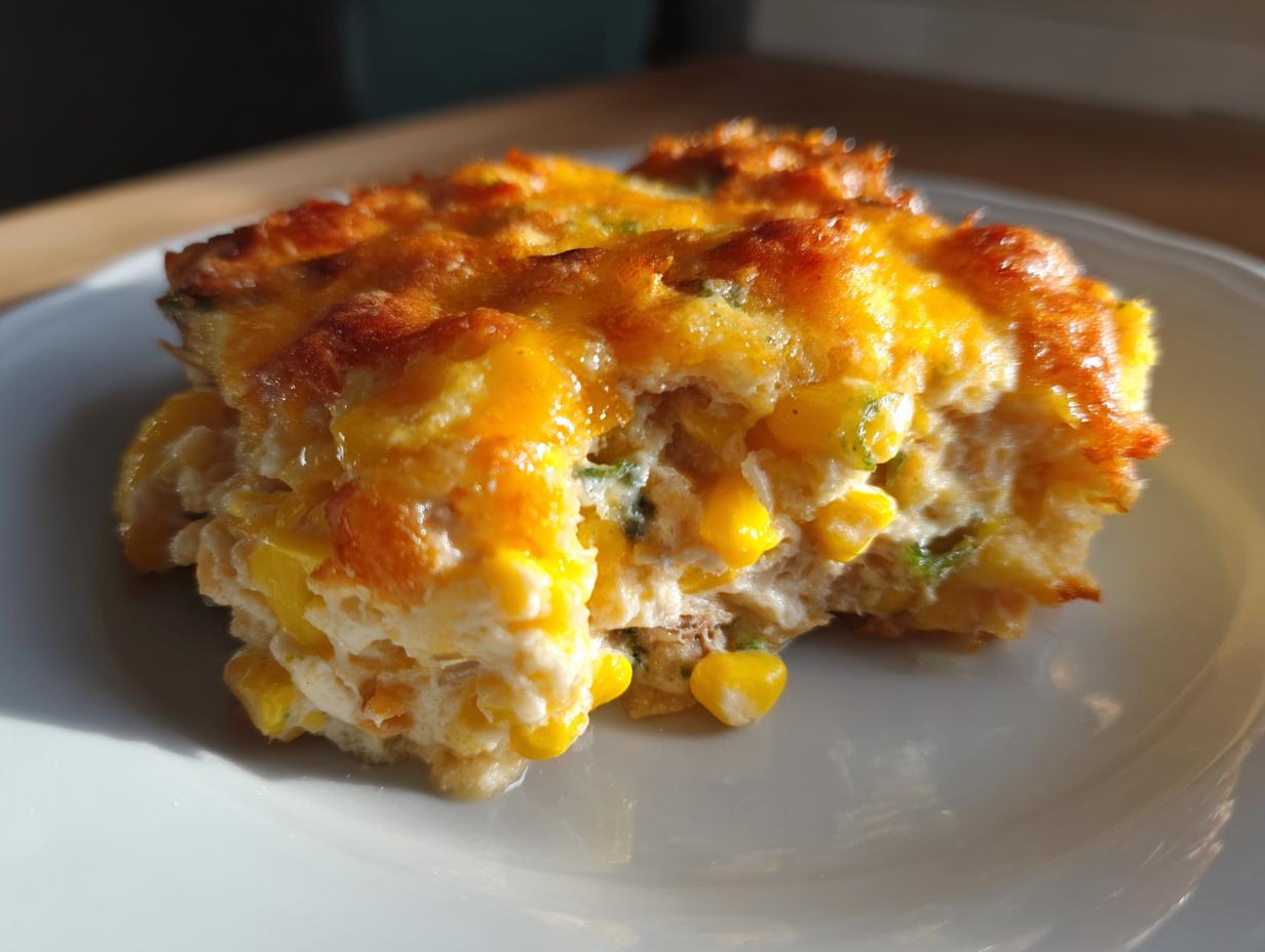 Close-up of a serving of baked corn dip, showing creamy texture and melted, browned cheddar cheese.
