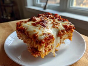 A close-up of a square serving of baked ravioli covered in rich tomato sauce and gooey, melted mozzarella cheese.