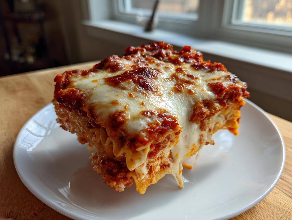 A close-up of a square serving of baked ravioli covered in rich tomato sauce and gooey, melted mozzarella cheese.