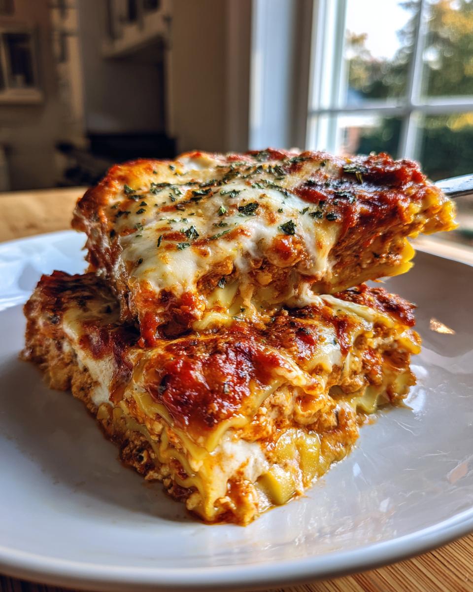 Two stacked, gooey slices of baked ravioli layered with meat sauce and melted cheese, garnished with herbs.