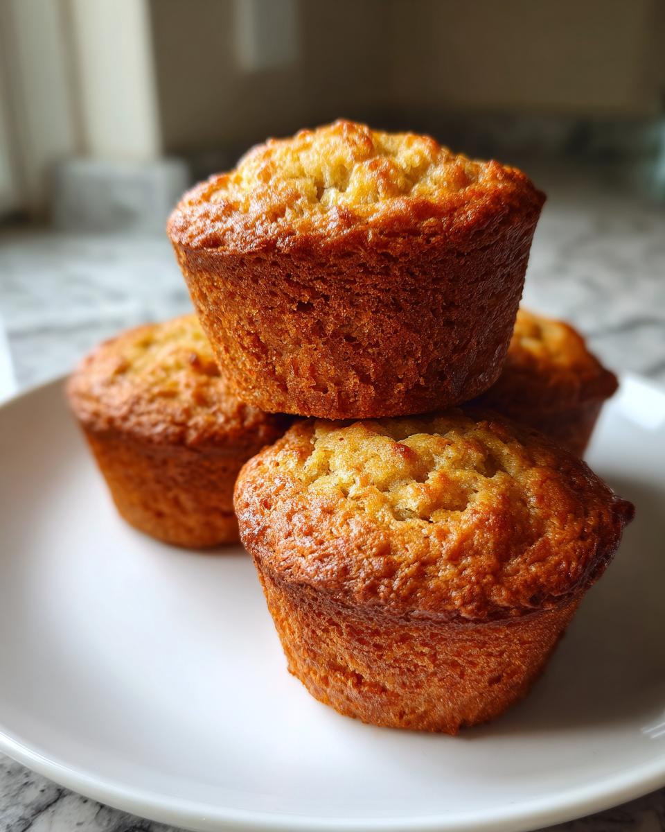A stack of three golden brown banana protein muffins resting on a white plate.
