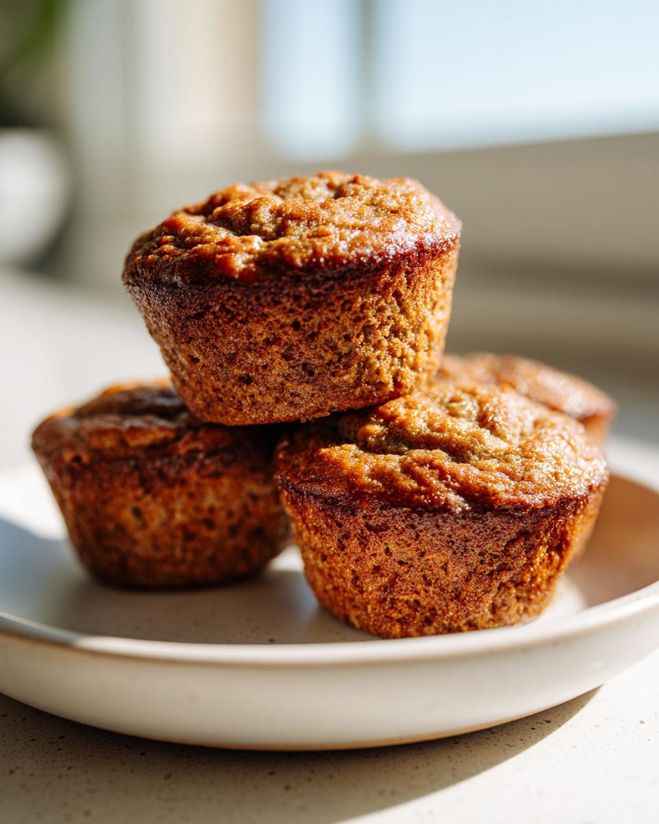 A close-up stack of three golden-brown banana protein muffins sitting on a light ceramic plate.