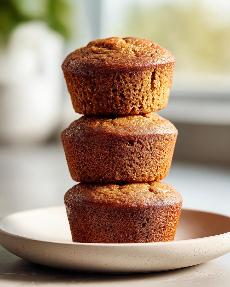 Three golden brown banana protein muffins stacked vertically on a speckled ceramic plate.