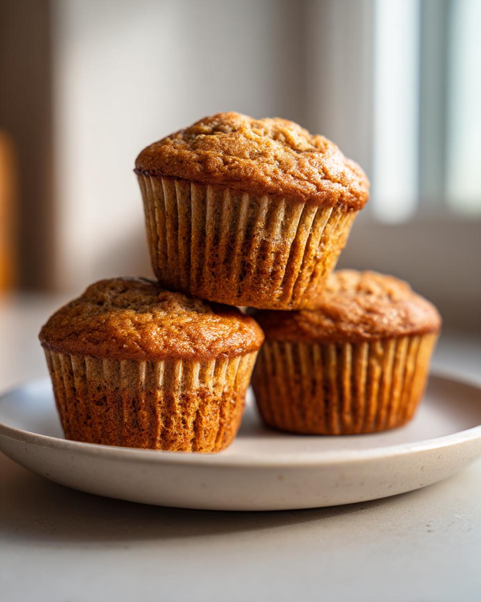 Three golden-brown banana protein muffins stacked slightly on a light-colored plate.