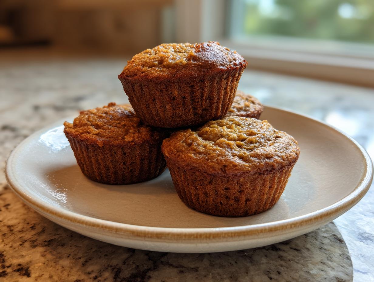 A stack of four golden-brown banana protein muffins resting on a light ceramic plate.