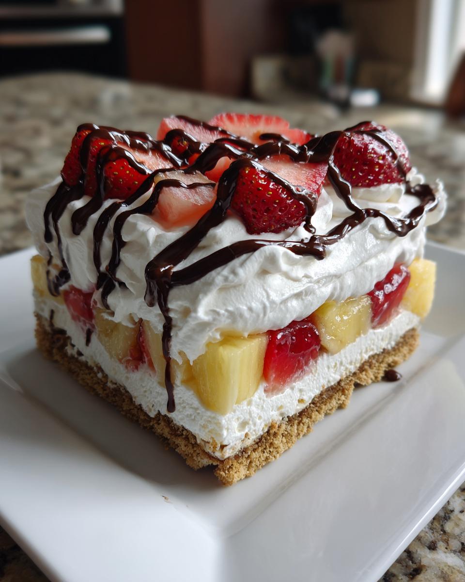 A square slice of layered banana split cake featuring a graham cracker crust, fruit, whipped cream, and chocolate drizzle.
