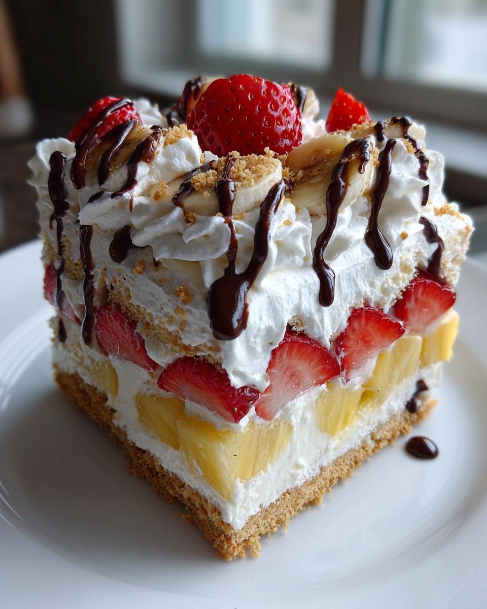 A decadent slice of banana split cake showing layers of graham cracker crust, cream, pineapple, strawberries, whipped cream, and chocolate drizzle.