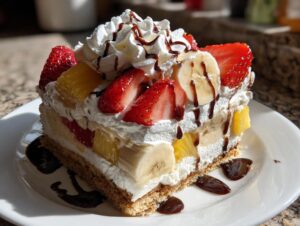 A decadent slice of banana split cake featuring layers of fruit, cream, and a graham cracker crust, drizzled with chocolate sauce.