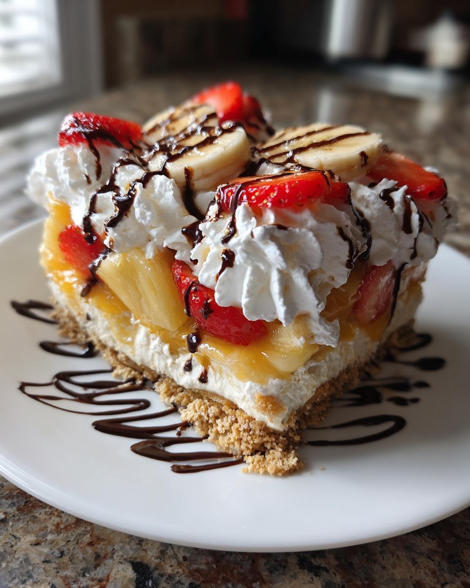 A decadent slice of banana split cake featuring a graham cracker crust, creamy filling, pineapple, strawberries, banana slices, whipped cream, and chocolate drizzle.
