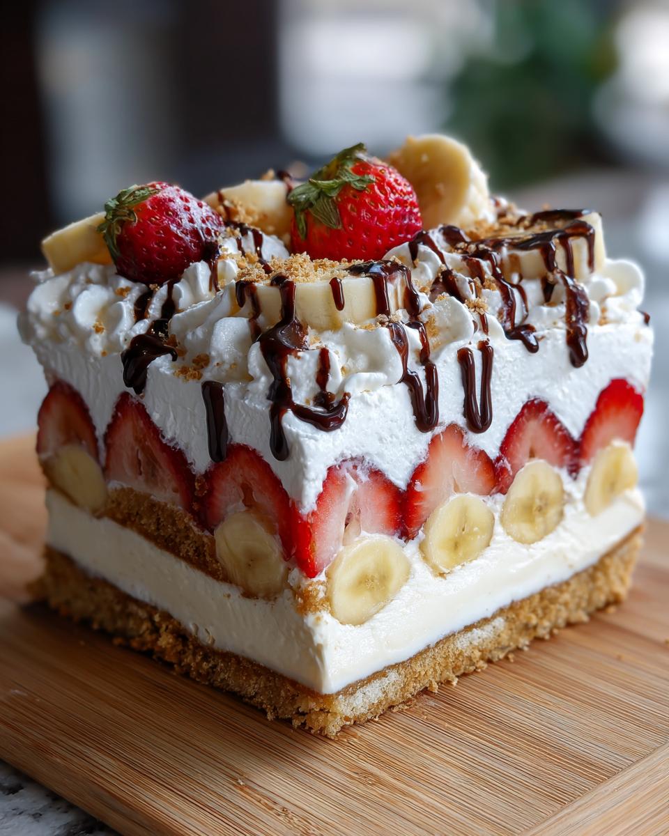 A decadent square slice of banana split cake featuring layers of crust, cream, strawberries, and bananas, topped with whipped cream and chocolate syrup.