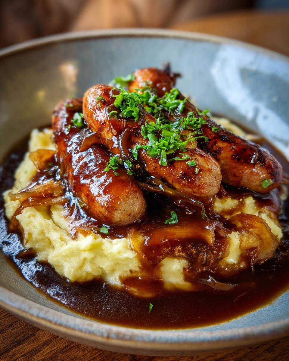 Close-up of perfectly cooked bangers and mash topped with rich onion gravy and fresh parsley.