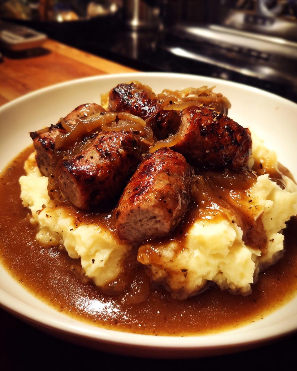 A close-up of a bowl of bangers and mash, featuring grilled sausages topped with caramelized onions and rich brown gravy over mashed potatoes.