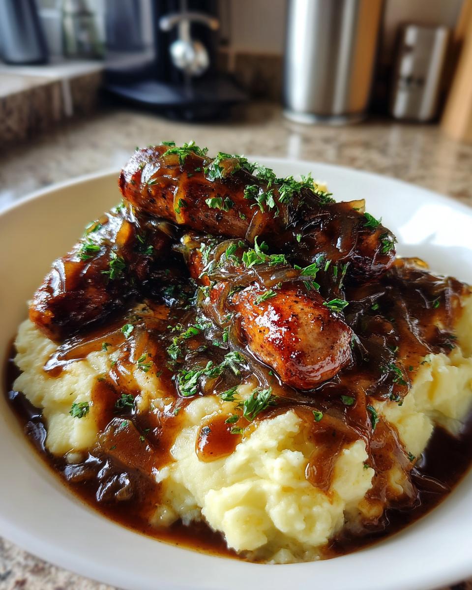 A close-up of creamy mashed potatoes topped with sausages, rich onion gravy, and fresh parsley, showcasing the classic bangers and mash.