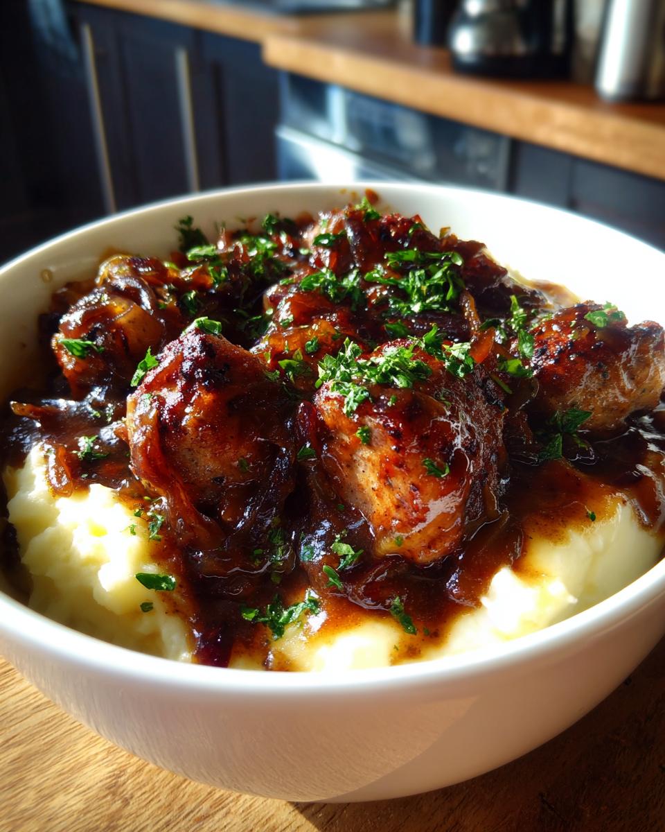 A close-up of a white bowl filled with creamy mashed potatoes topped with sausages and rich onion gravy, garnished with parsley, ready for bangers and mash.