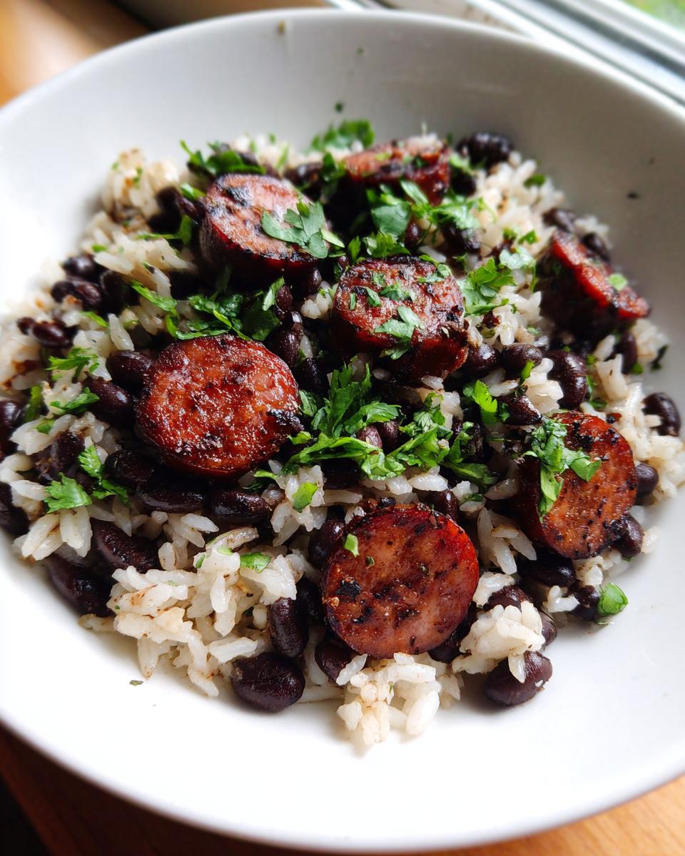 A close-up of a white bowl filled with black beans and rice topped with slices of grilled sausage and fresh parsley.