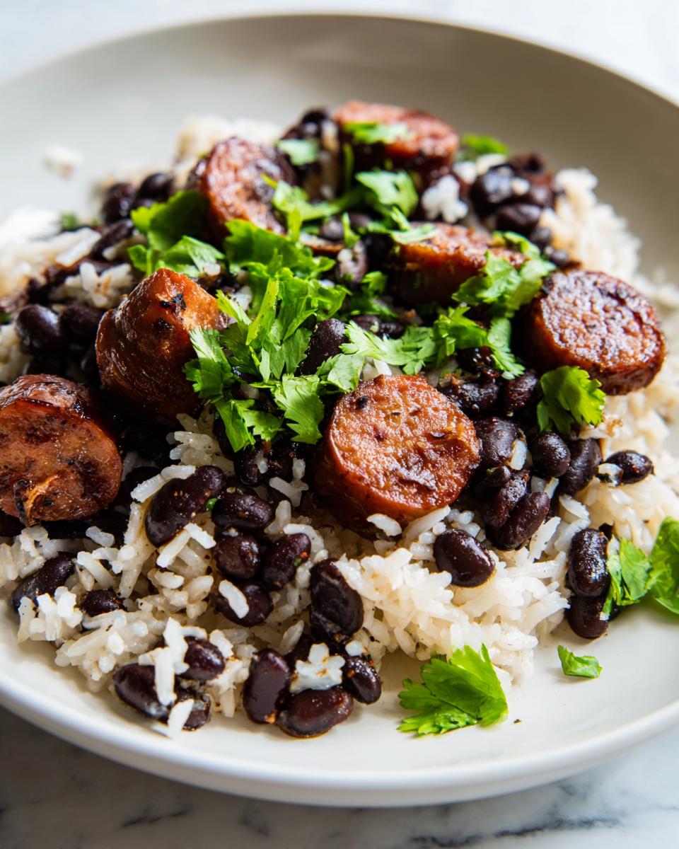 Close-up of a bowl of black beans and rice topped with sliced, browned sausage and fresh cilantro.