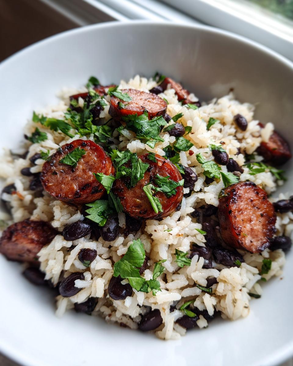 Close-up of a bowl of black beans and rice topped with sliced, grilled sausage and fresh cilantro.