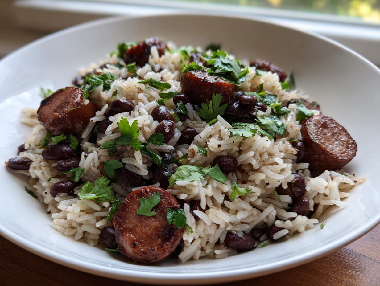 A close-up of a white bowl filled with flavorful black beans and rice mixed with slices of browned sausage and fresh cilantro.