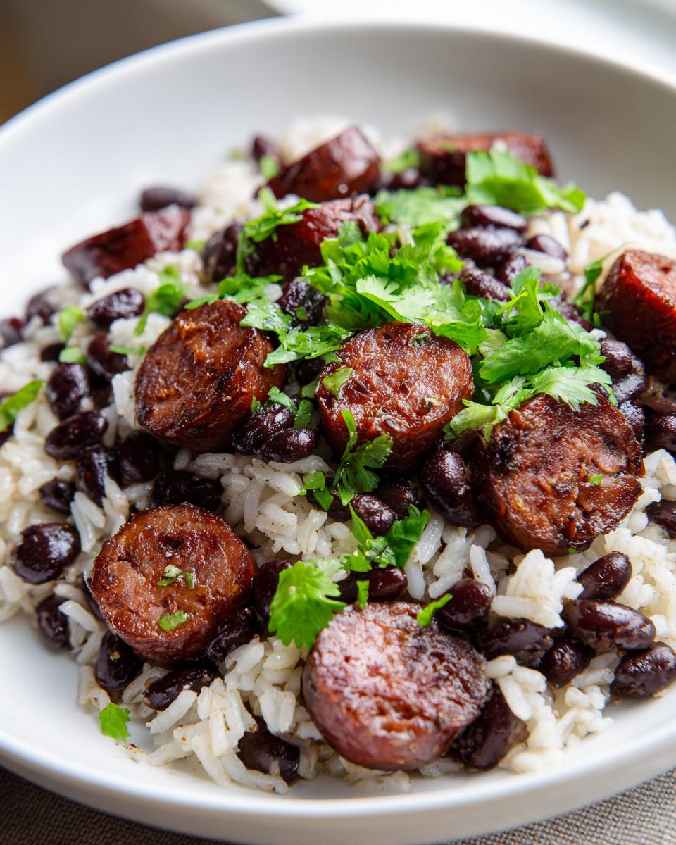 Close-up of a bowl of black beans and rice topped with browned sausage slices and fresh cilantro.