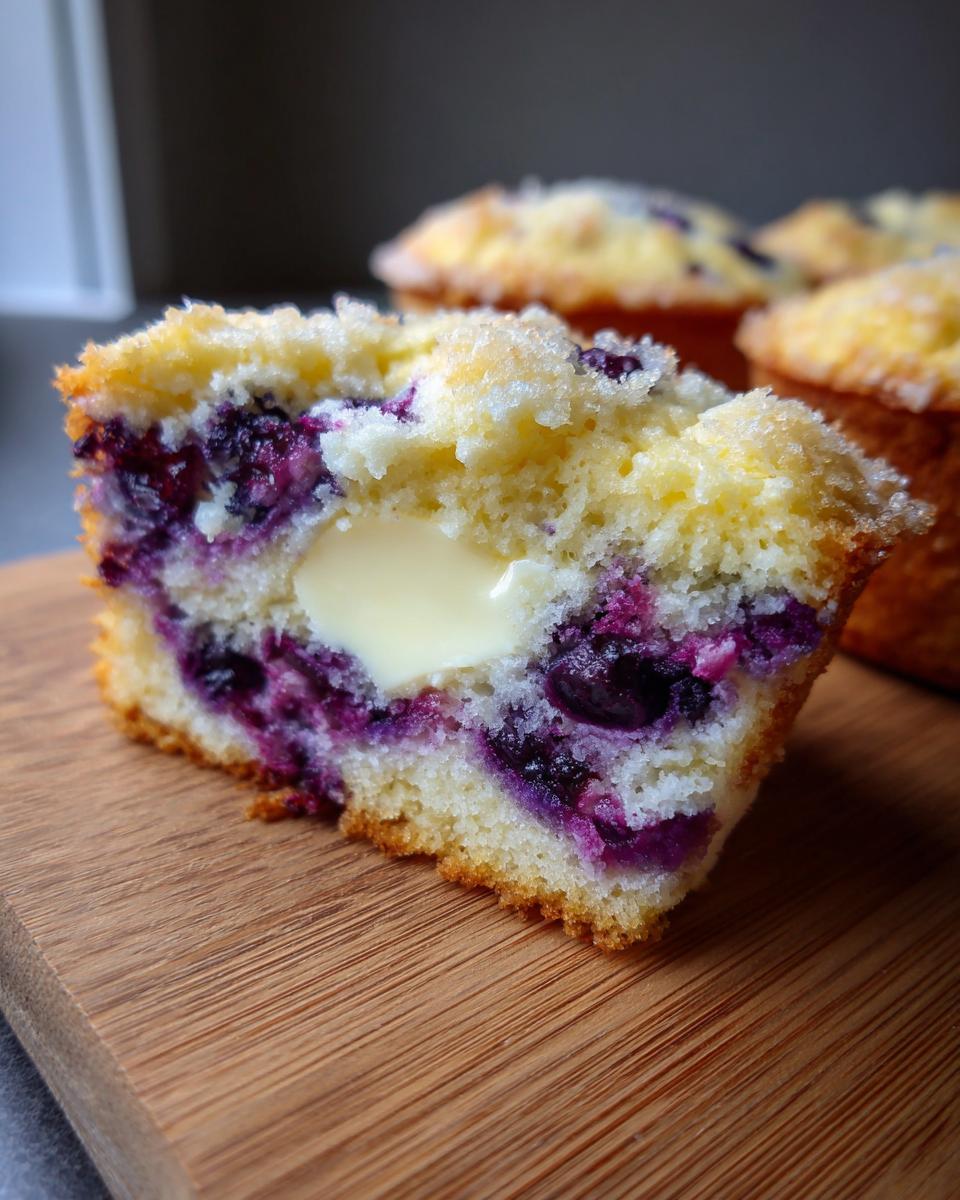 Close-up of a blueberry cream cheese muffin cut in half showing the creamy center and fruit.