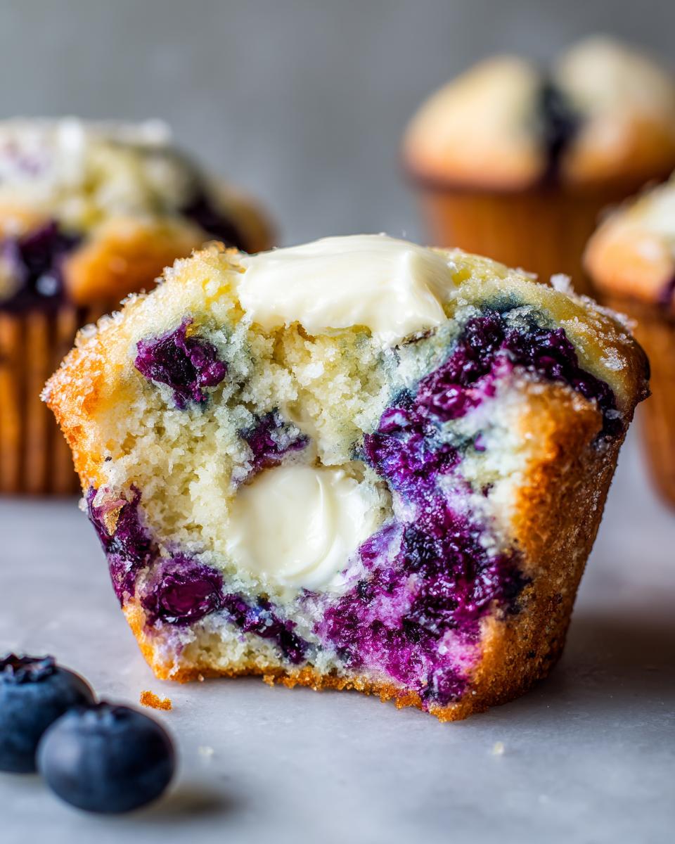 Close-up of a blueberry cream cheese muffin cut in half showing the melted cream cheese center and burst blueberries.