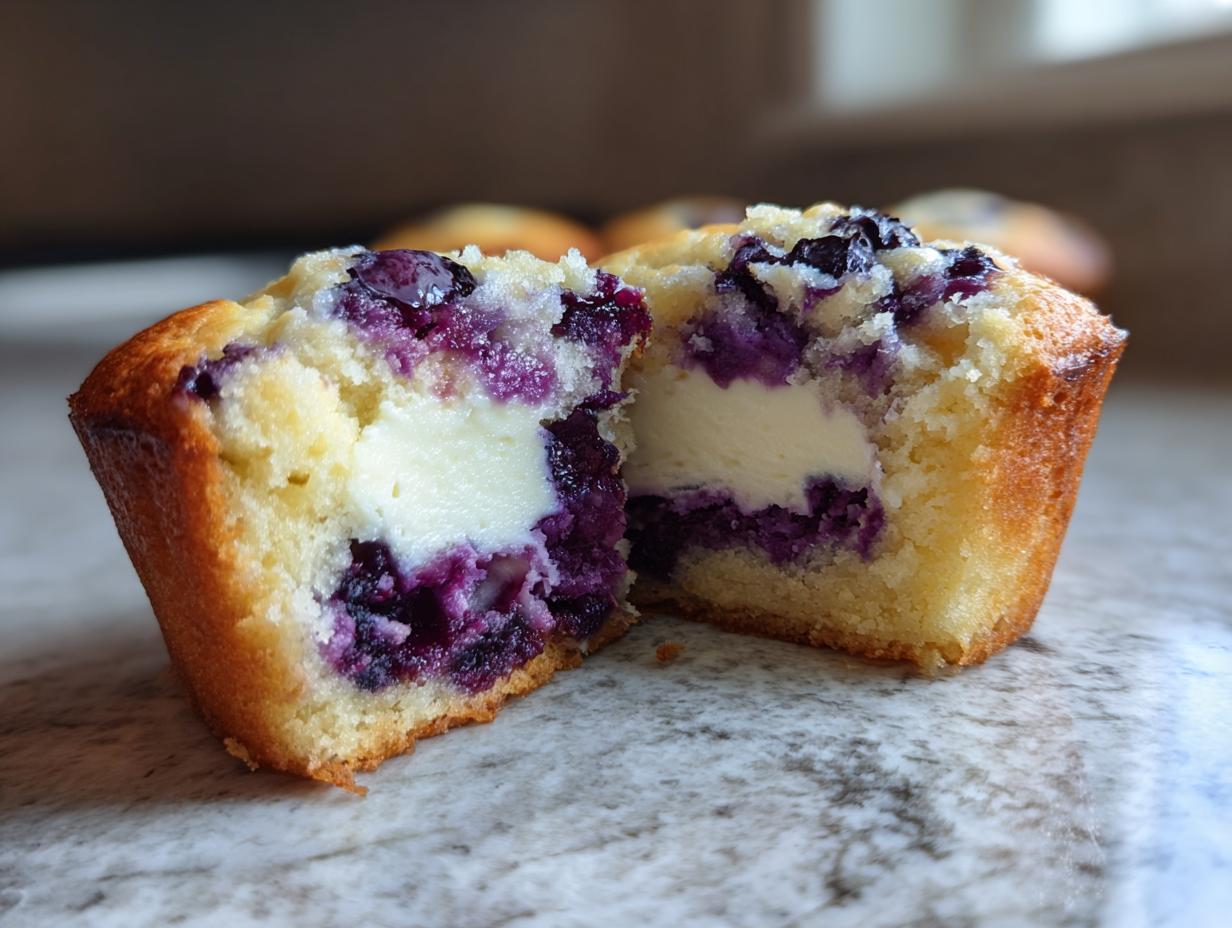 A close-up of a blueberry cream cheese muffin cut in half, showing the creamy white filling surrounded by cake and bursting blueberries.