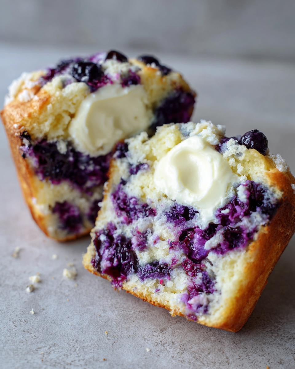 A blueberry cream cheese muffin cut in half, showing the rich purple filling and a dollop of cream cheese on top.